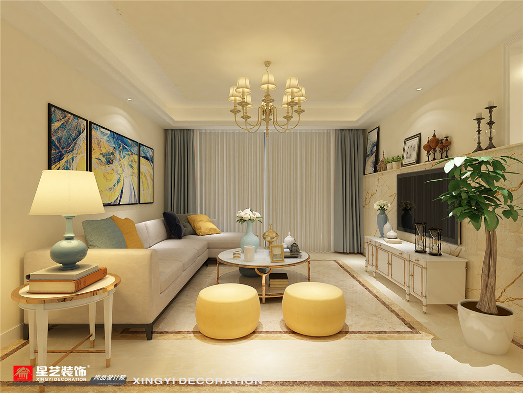 華潤二十四城120平歐式客廳裝修設(shè)計(jì)效果圖