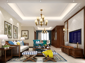 榮和悅瀾山126平美式客廳裝修設(shè)計效果圖